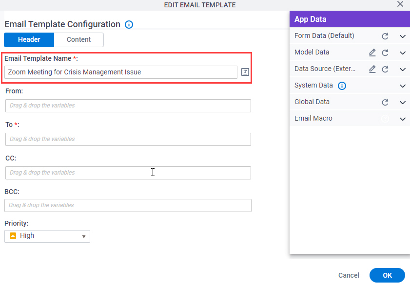 Email Template Configuration screen