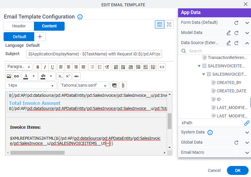 E-mail Template Configuration screen