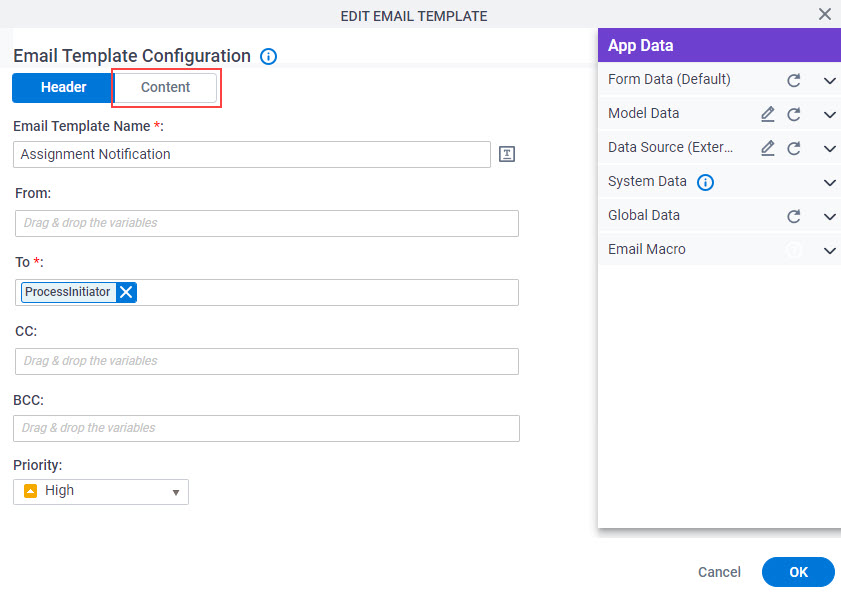 E-mail Template Configuration screen