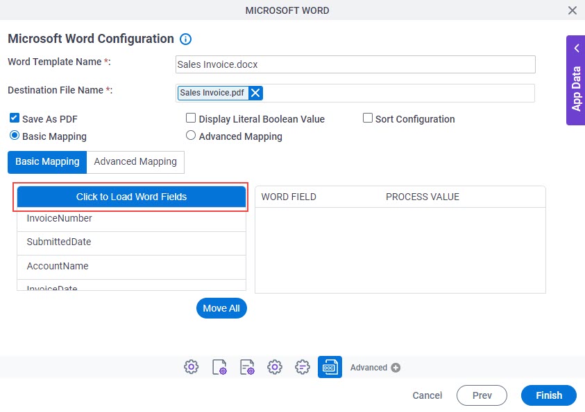 Microsoft Word Configuration screen