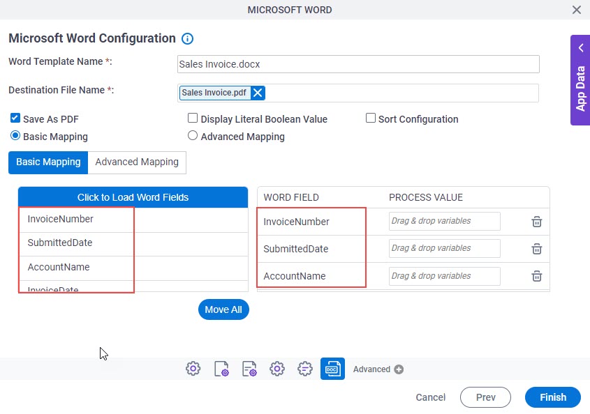 Microsoft Word Configuration screen