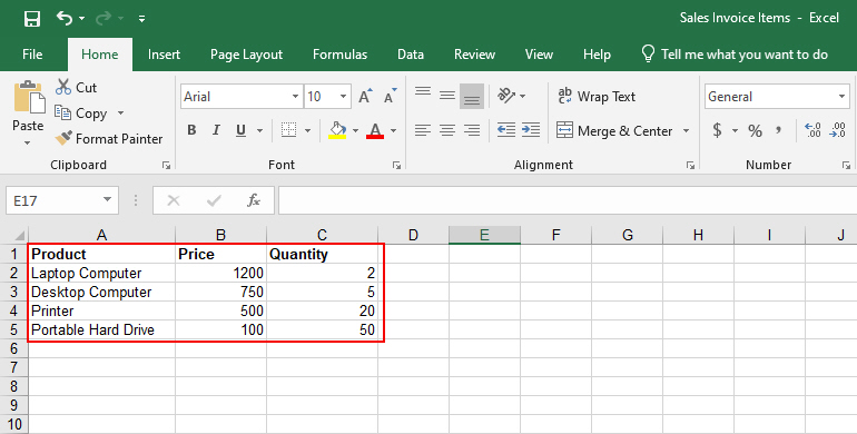 Sales Invoive Items Table Format