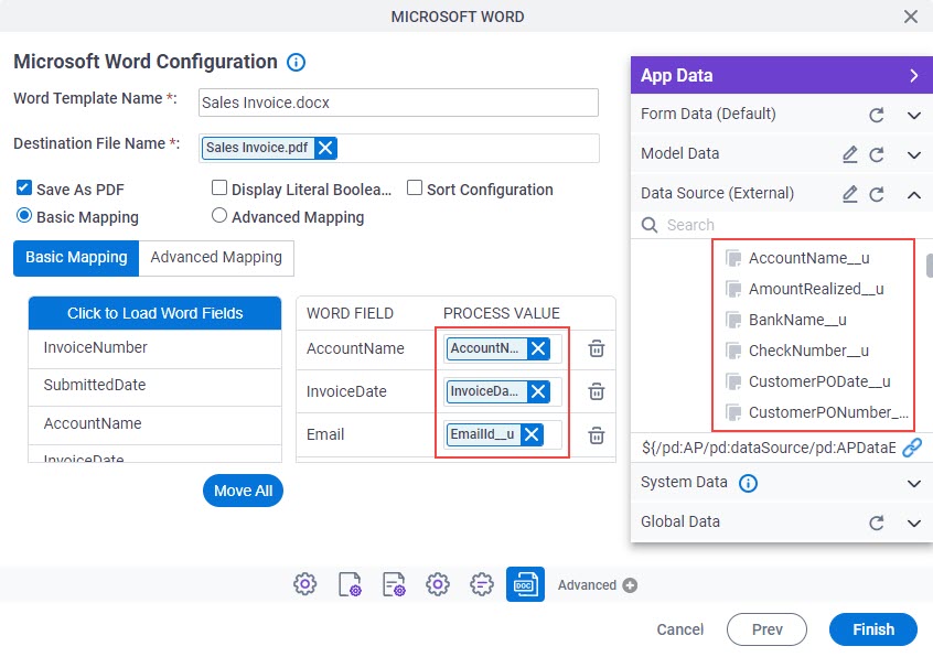 Microsoft Word Configuration screen