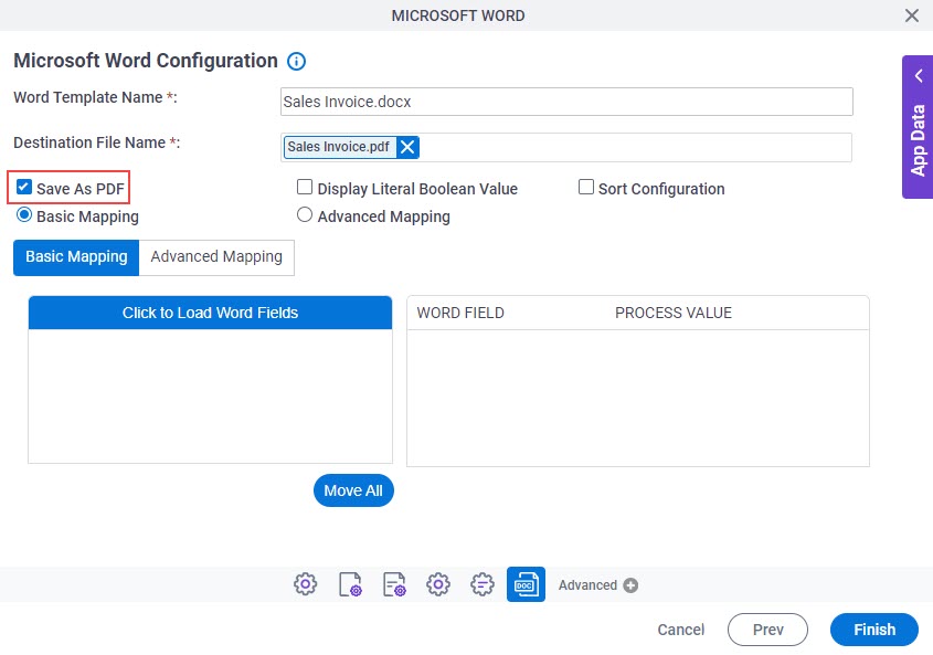 Microsoft Word Configuration screen