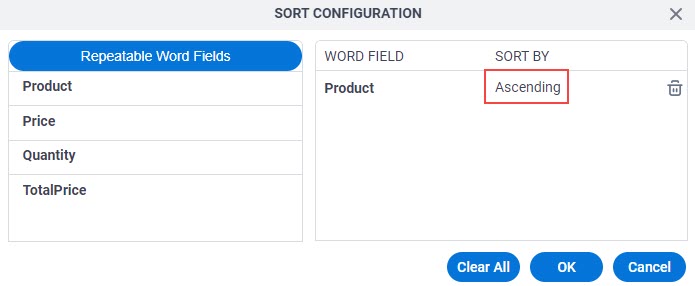 Microsoft Word Configuration screen