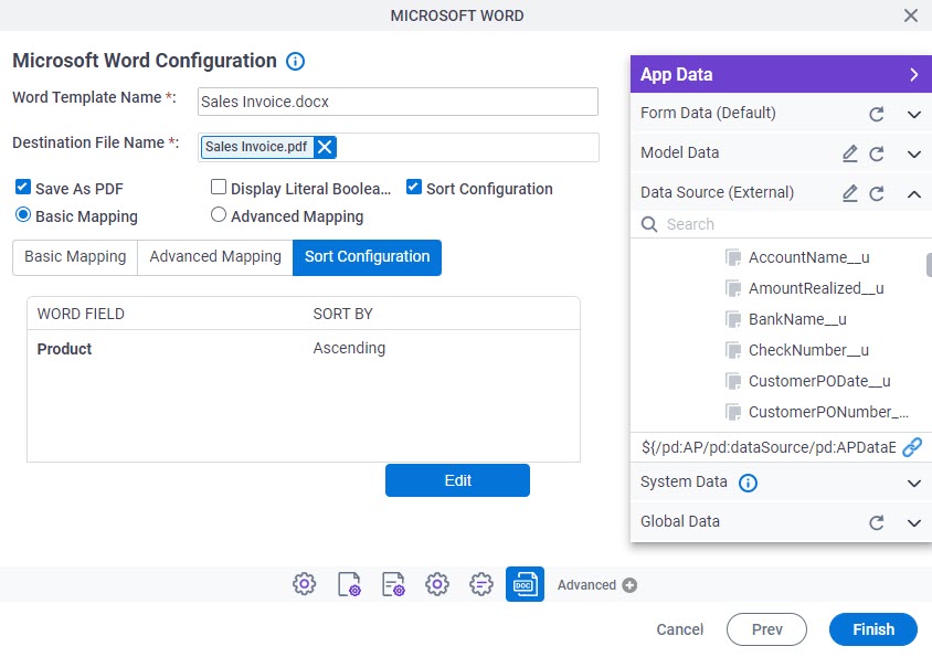 Microsoft Word Configuration screen