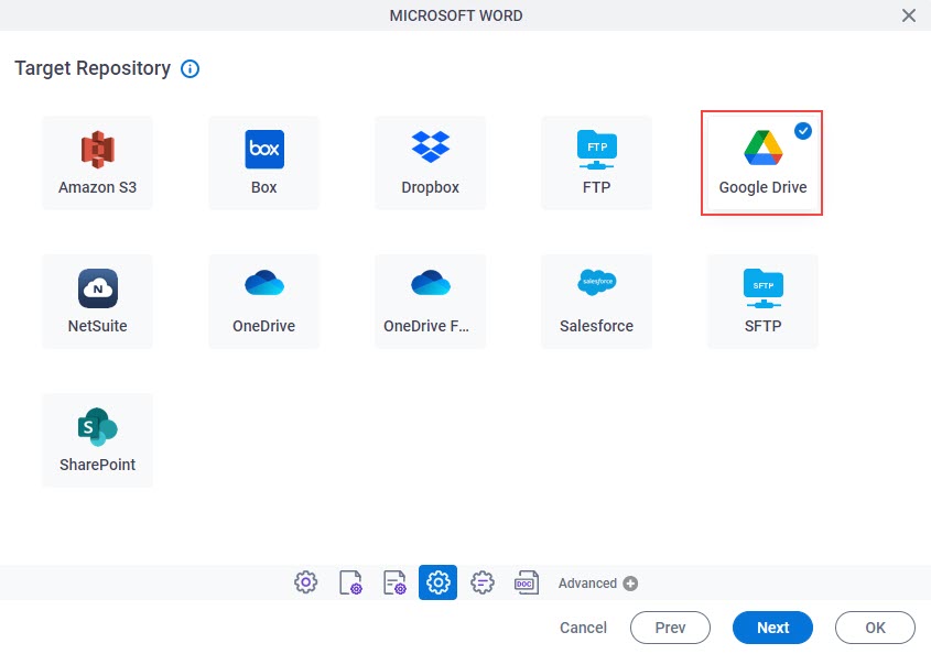 Target Repository screen