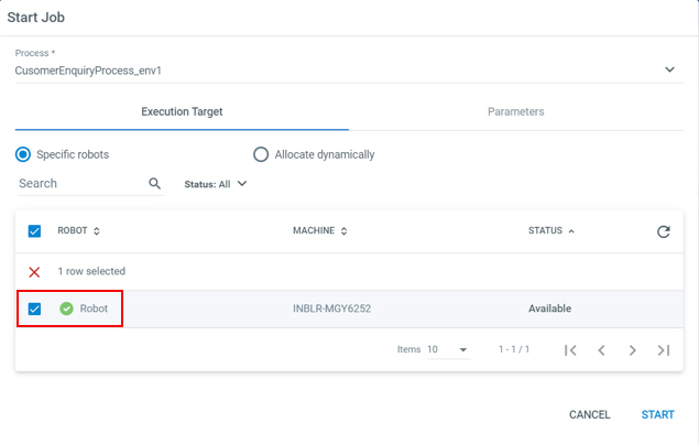 Start Job Specific Robot screen