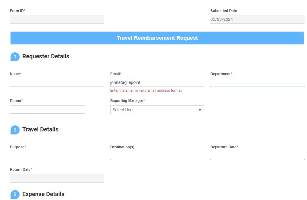 Travel Reimbursement form invalid Email address