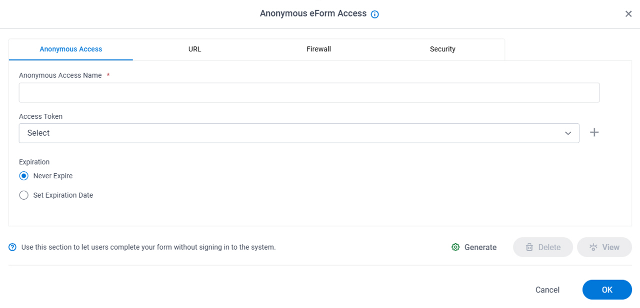 Anonymous eForm Access Anonymous Access tab