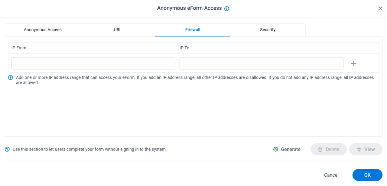 Anonymous eForm Access screen Firewall tab