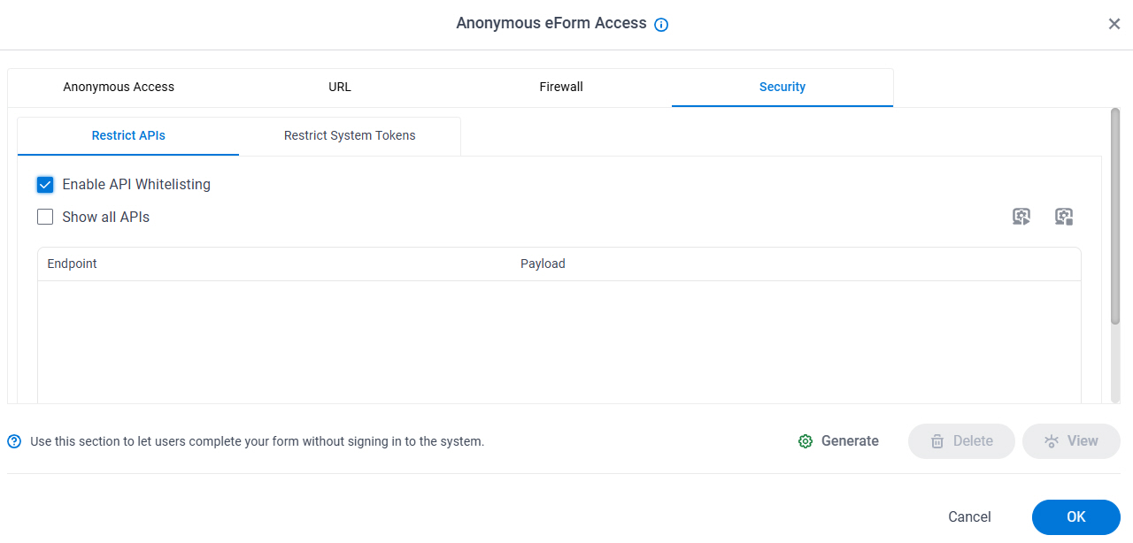 Anonymous eForm Access Security Restrict APIs tab