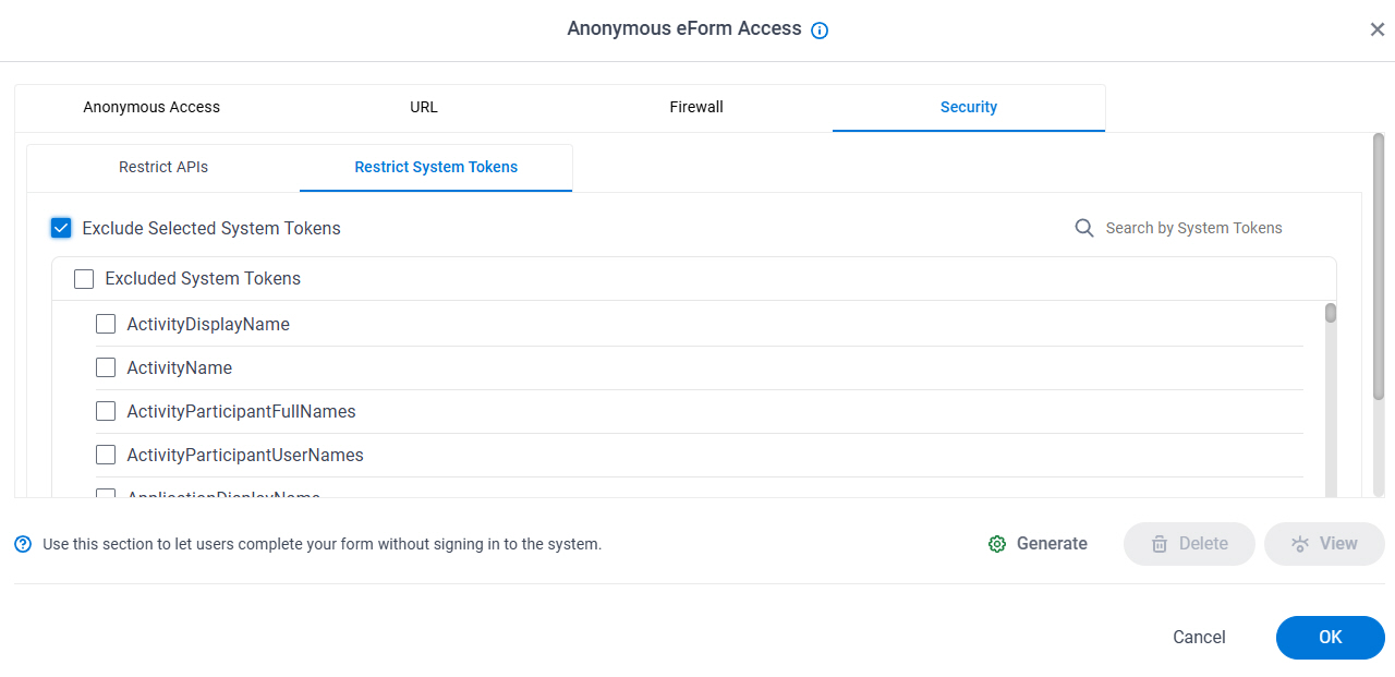 Anonymous eForm Access screen Security tab Restrict System Tokens tab