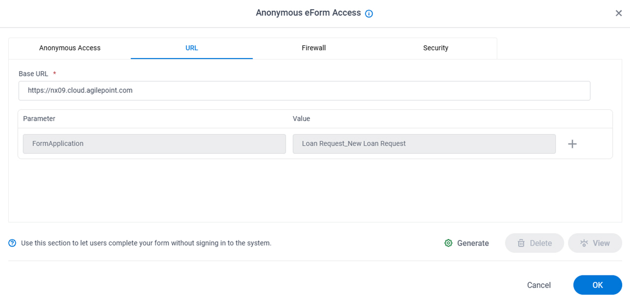 Anonymous eForm Access URL tab