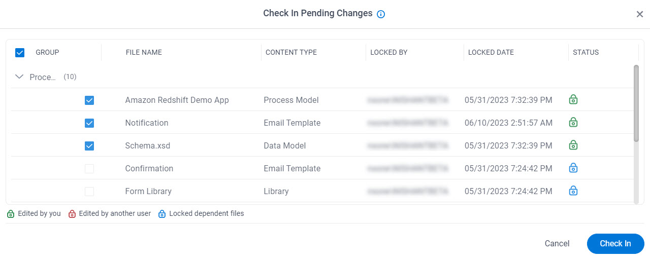 Check In Pending Changes screen