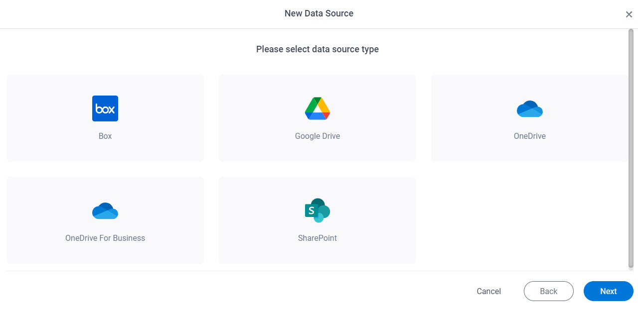 Please select data source type screen