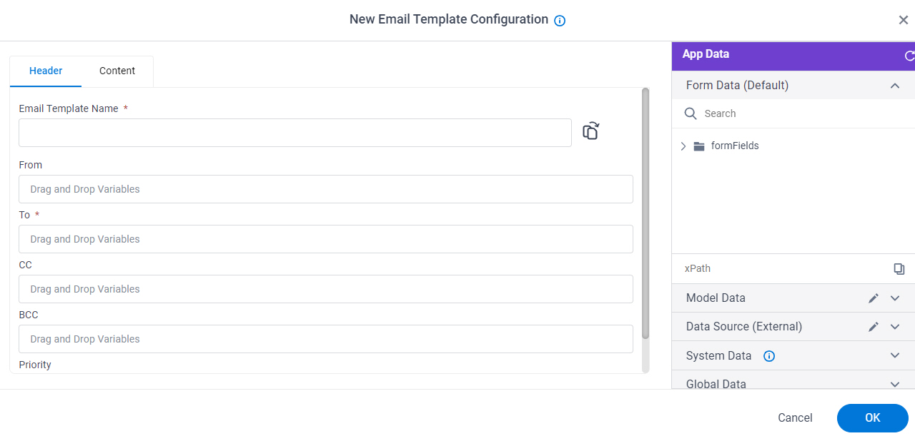 New Email Template Configuration screen