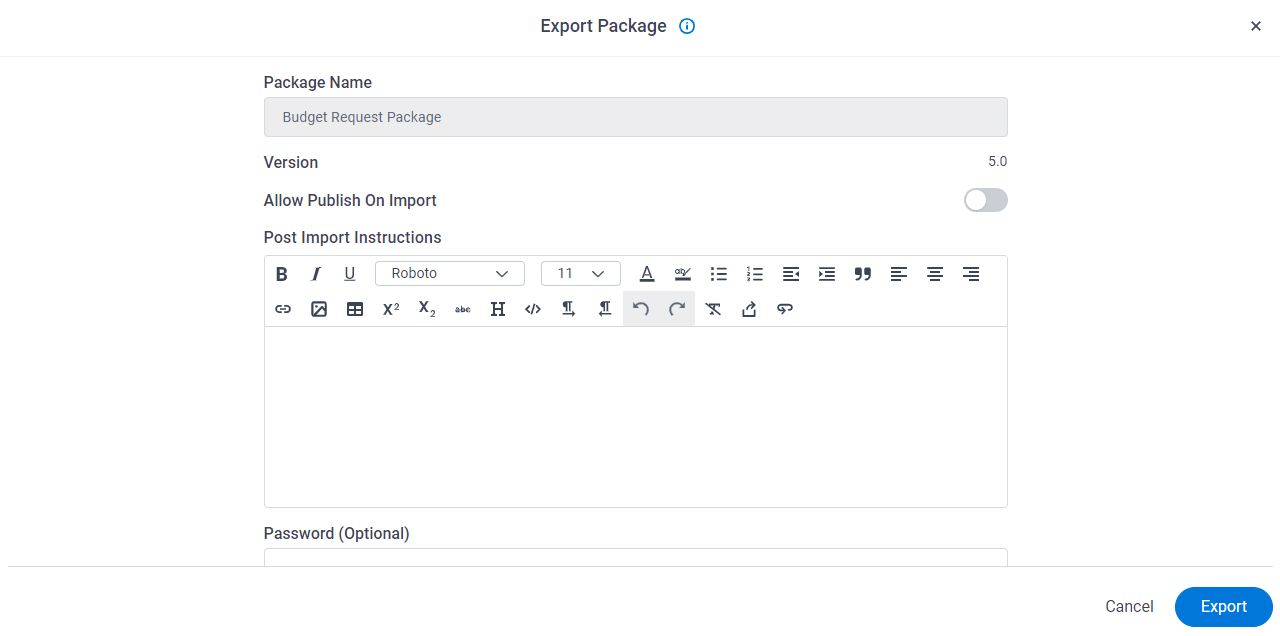 Export Package screen