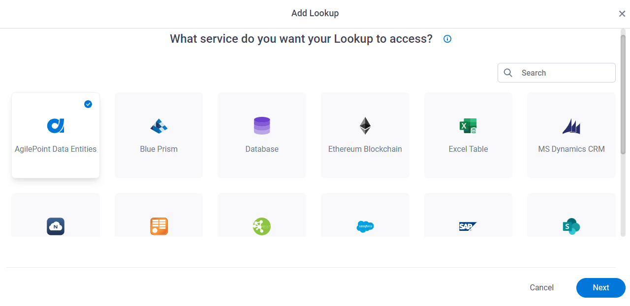 What service do you want your Lookup to access? screen