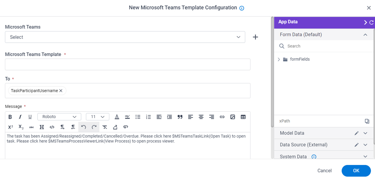 New Microsoft Teams Template Configuration screen