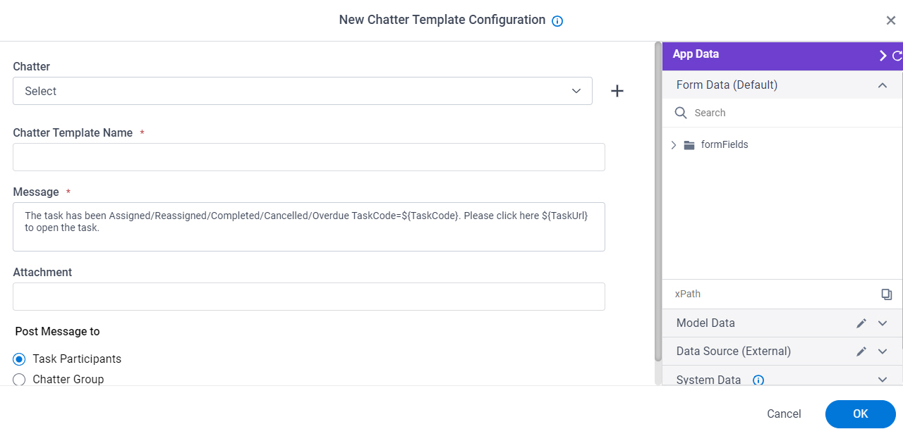New Chatter Template Configuration screen