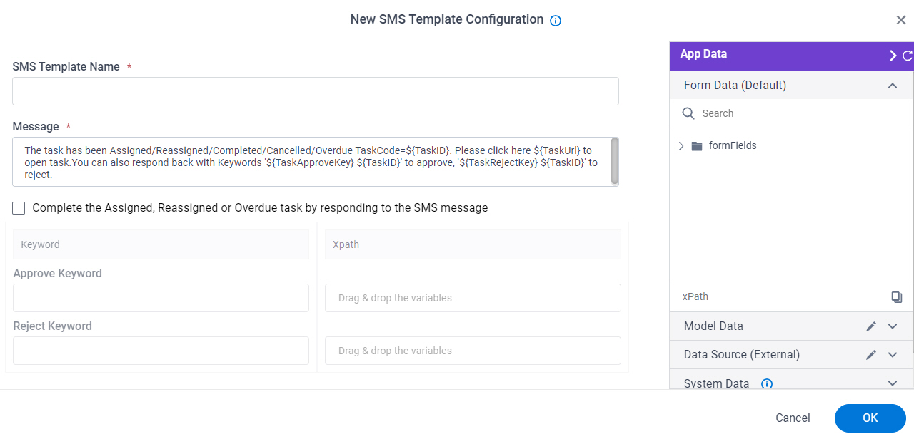New SMS Template Configuration screen