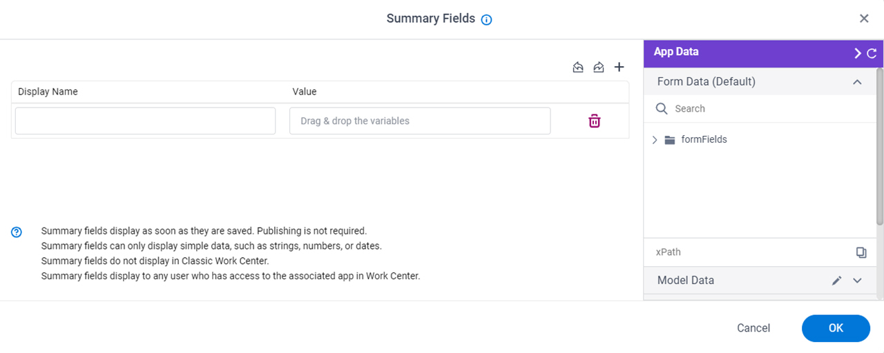 Summary Fields screen