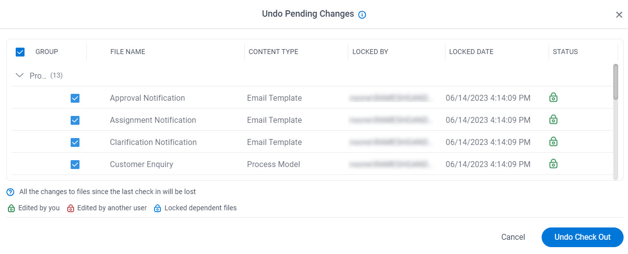 Undo Pending Changes screen