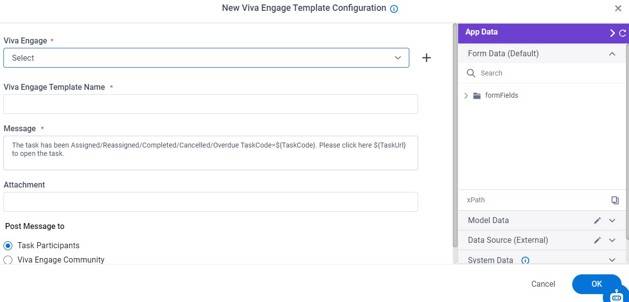 New Yammer Template Configuration screen