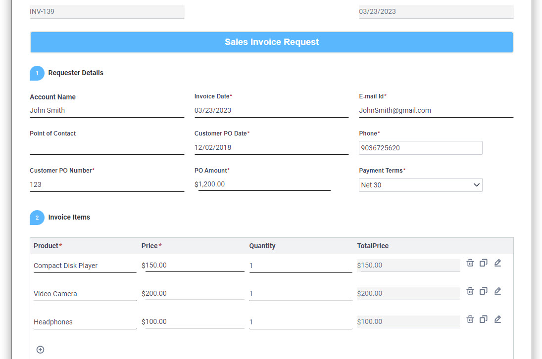 Sales Invoice Request form