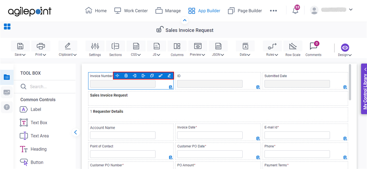 Sequence Number Form Control Toolbar