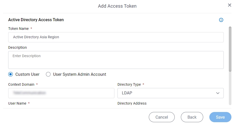 Active Directory Access Token Configuration screen