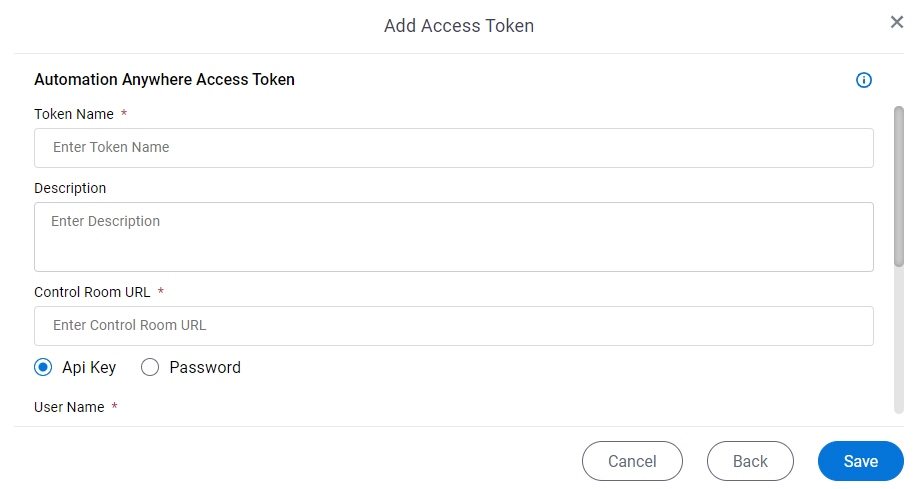 Automation Anywhere Access Token Configuration screen