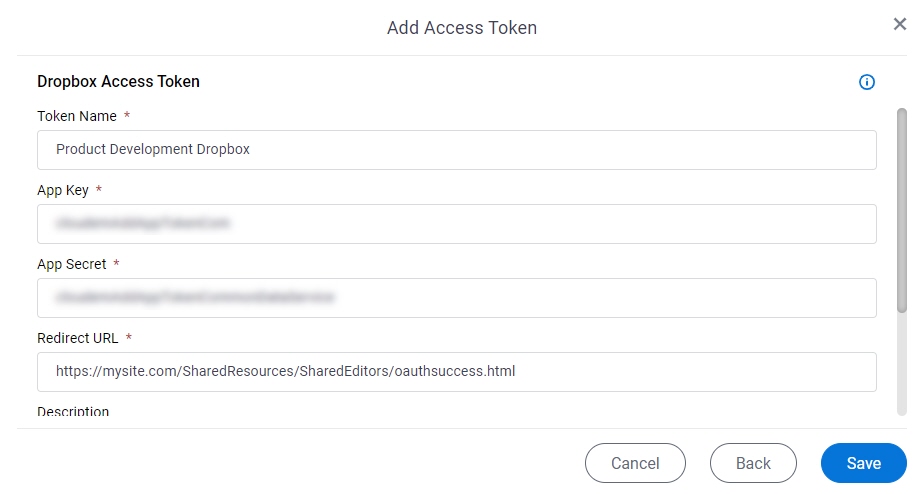 Dropbox Access Token Configuration screen