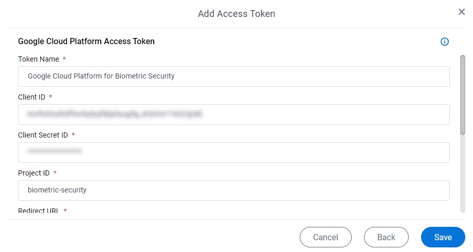 Google Cloud Platform Access Token Configuration screen