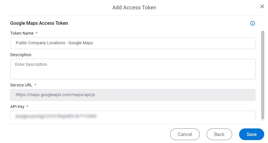 Google Maps Access Token Configuration screen