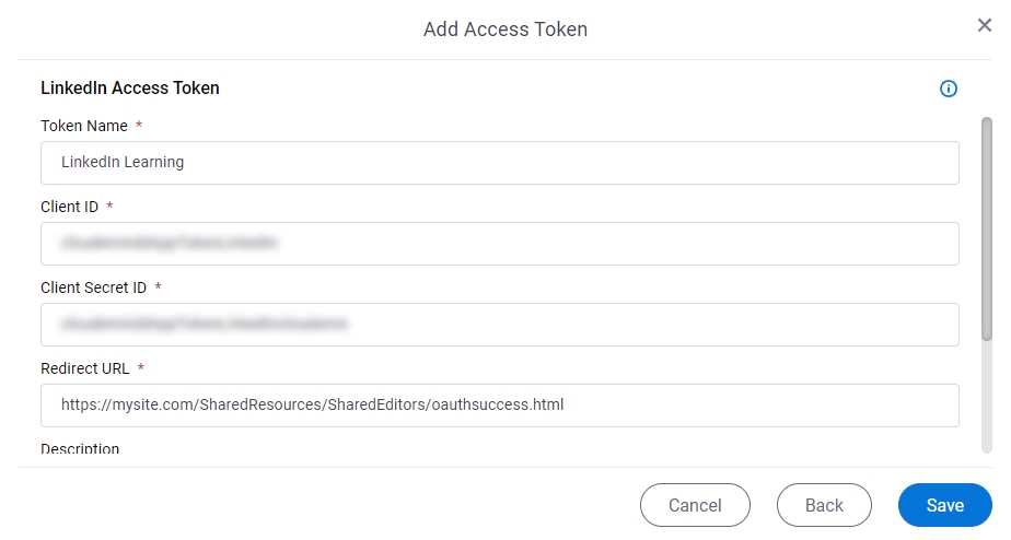 LinkedIn Access Token Configuration screen