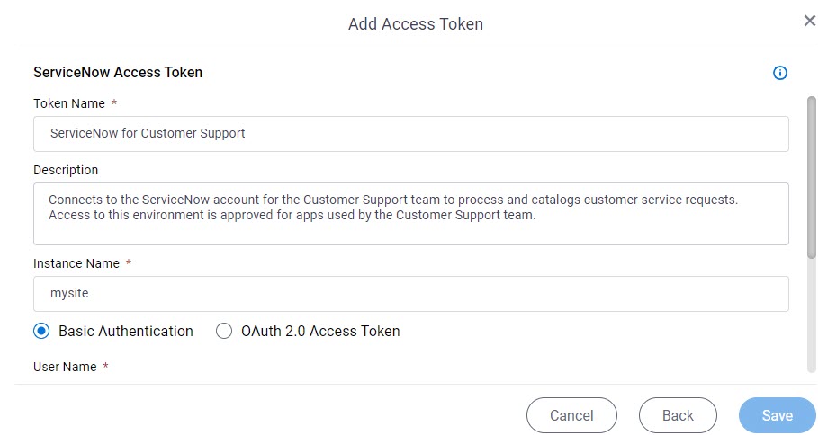 ServiceNow Access Token Configuration screen