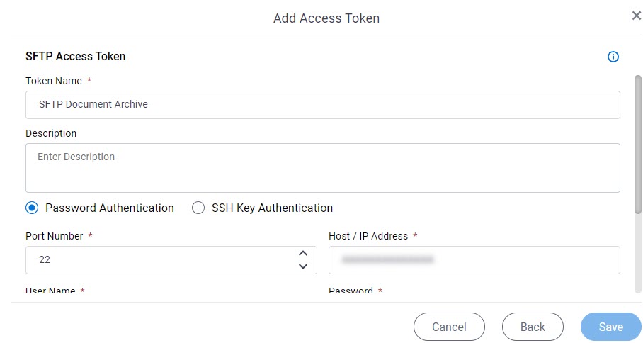 SFTP Access Token Configuration screen