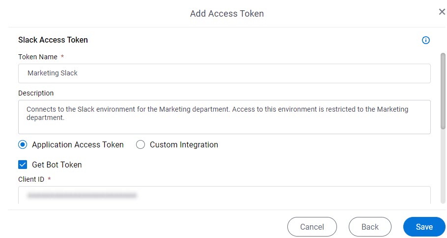 Slack Access Token Configuration screen