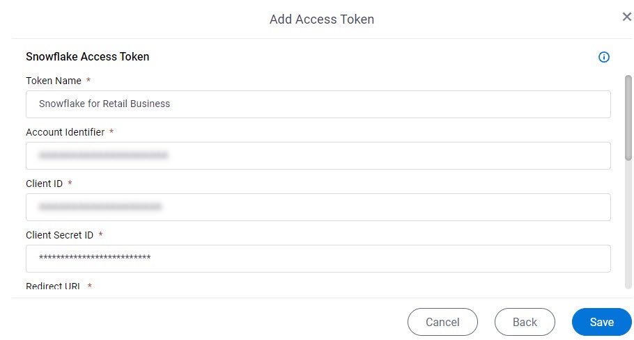 Snowflake Access Token Configuration screen