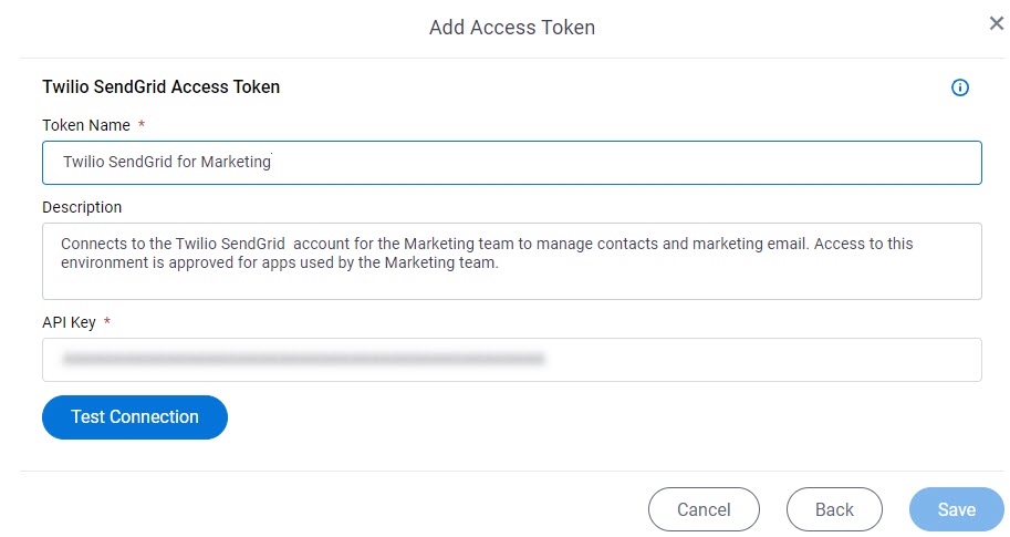 Twilio SendGrid Access Token Configuration screen