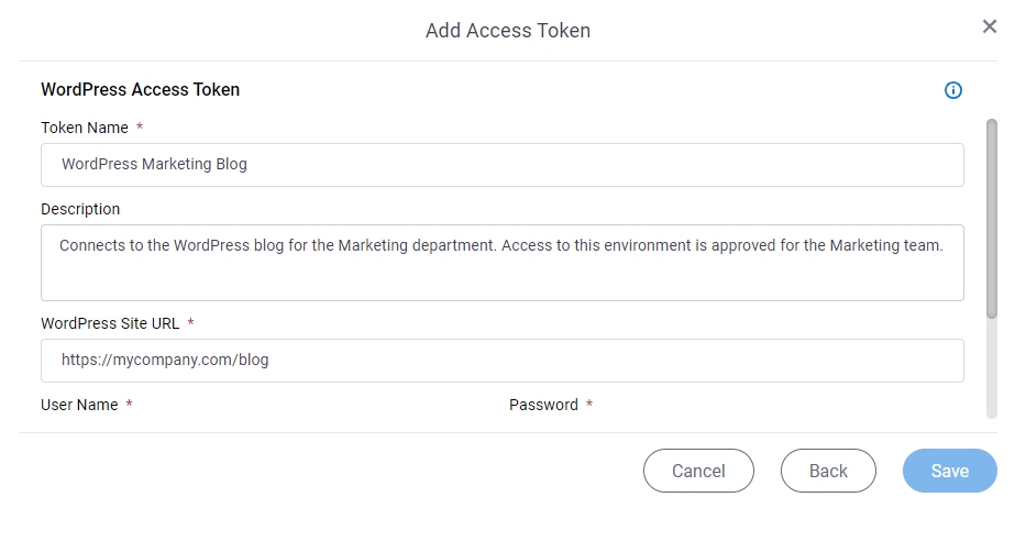 WordPress Access Token Configuration screen