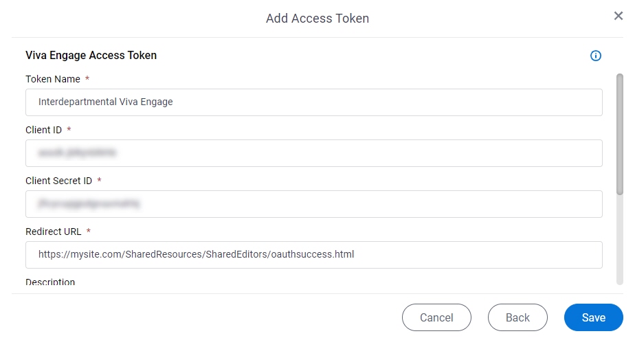 Yammer Access Token Configuration screen