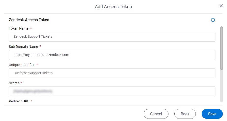 Zendesk Access Token Configuration screen