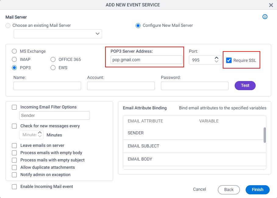 Incoming E-mail Configure New E-Mail Server screen