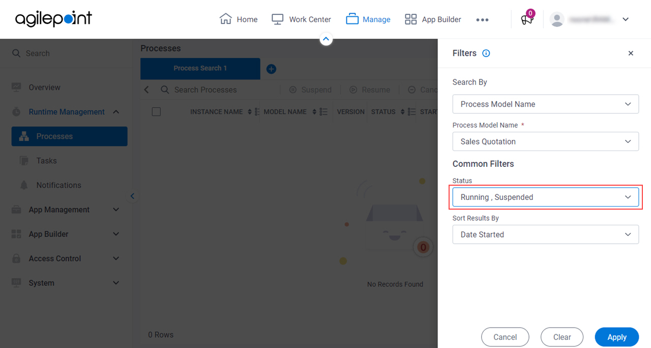 Enter Process Instance Name Select Running Suspended