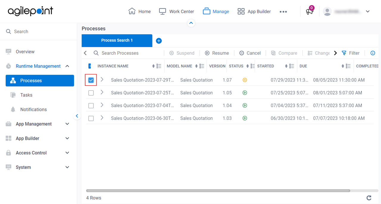 Select Process Instance Process Search