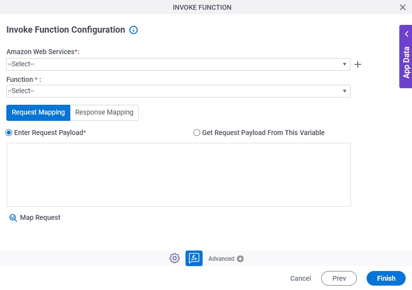 Invoke Function Configuration Request Mapping tab