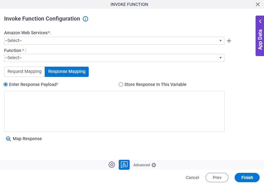 Invoke Function Configuration Response Mapping tab